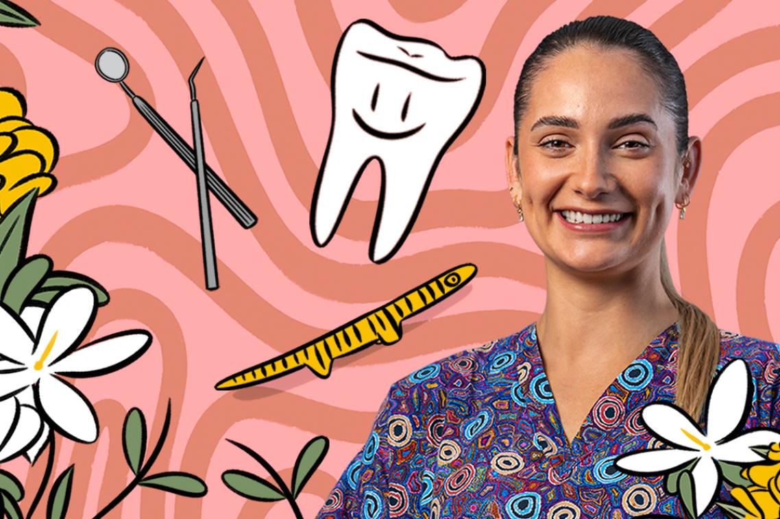 Heath student Tachae smiles against an illustrated background depicting a large tooth and dentistry tools.
