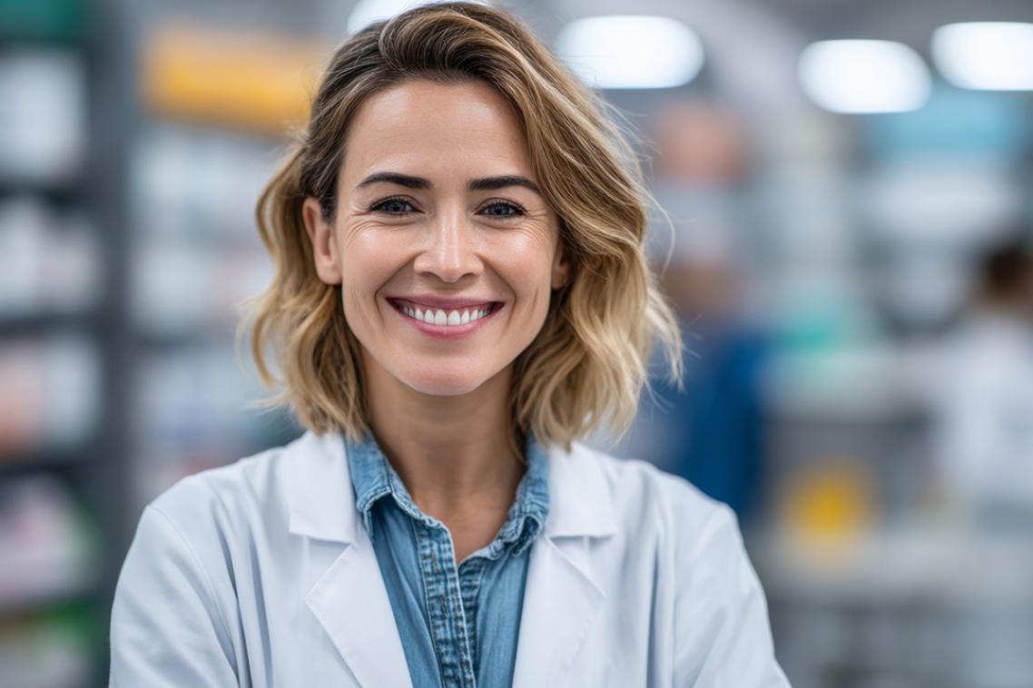 A woman in a white lab coat. 