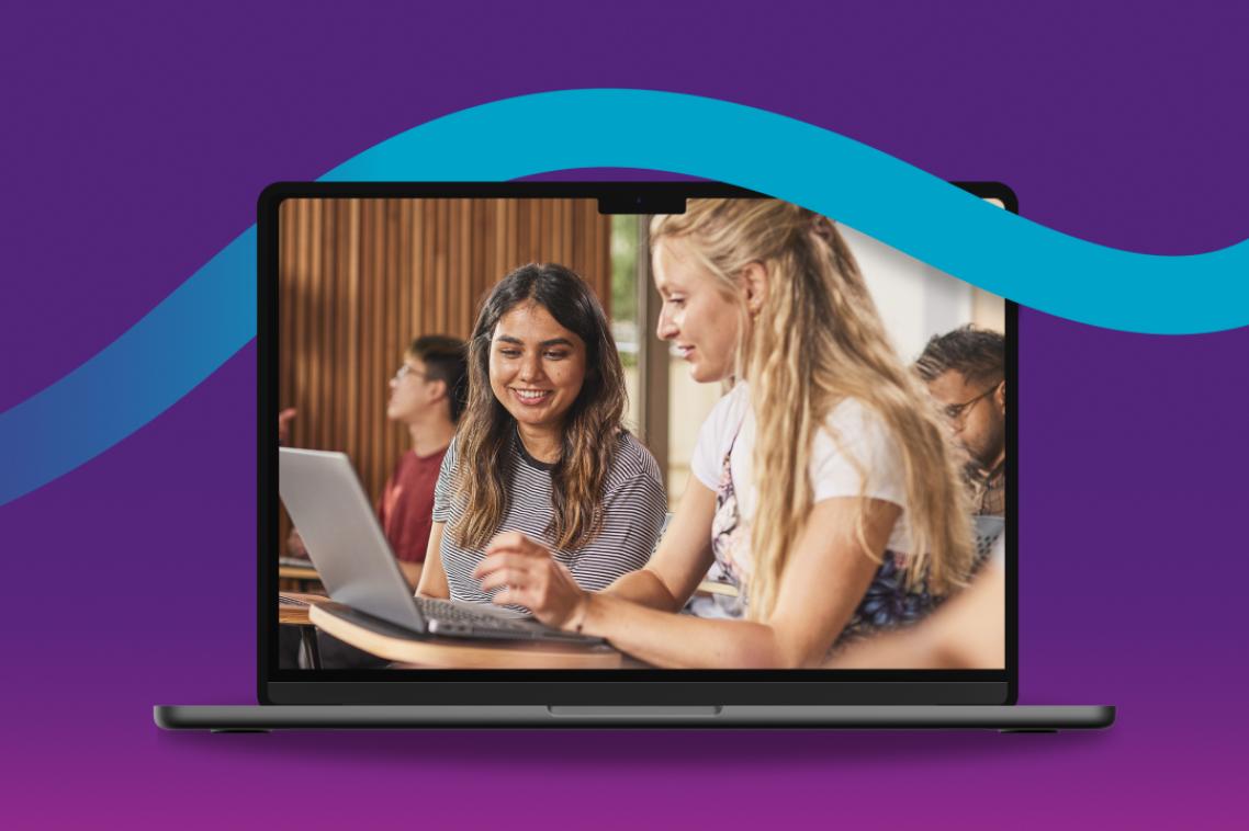 Graphic of a laptop showing students accessing a laptop